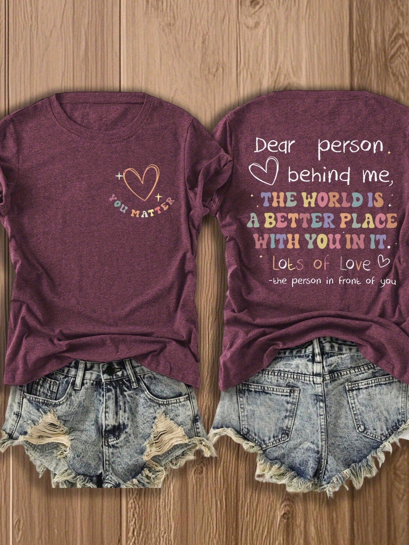 'Dear Person Behind Me' Double-Sided Print Inspirational Tee, Soft Cotton Blend Casual Top For Couples & Best Friends