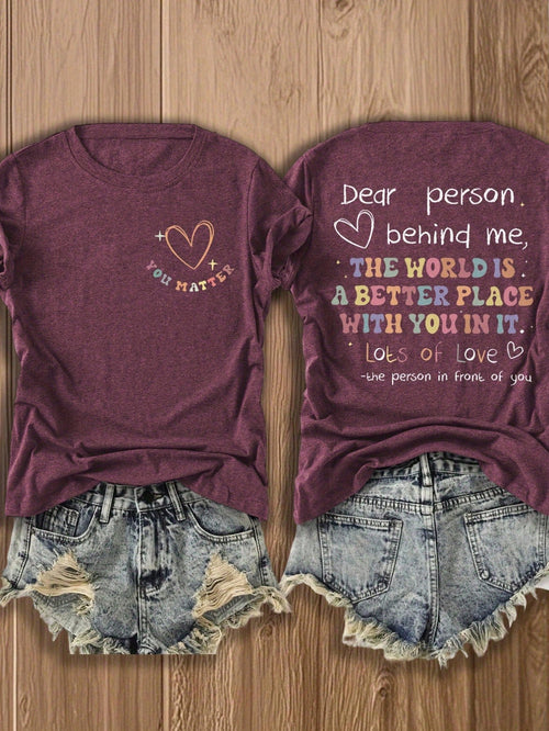 'Dear Person Behind Me' Double-Sided Print Inspirational Tee, Soft Cotton Blend Casual Top For Couples & Best Friends