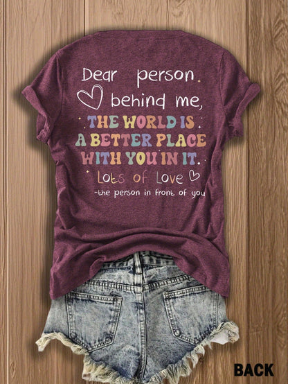 'Dear Person Behind Me' Double-Sided Print Inspirational Tee, Soft Cotton Blend Casual Top For Couples & Best Friends