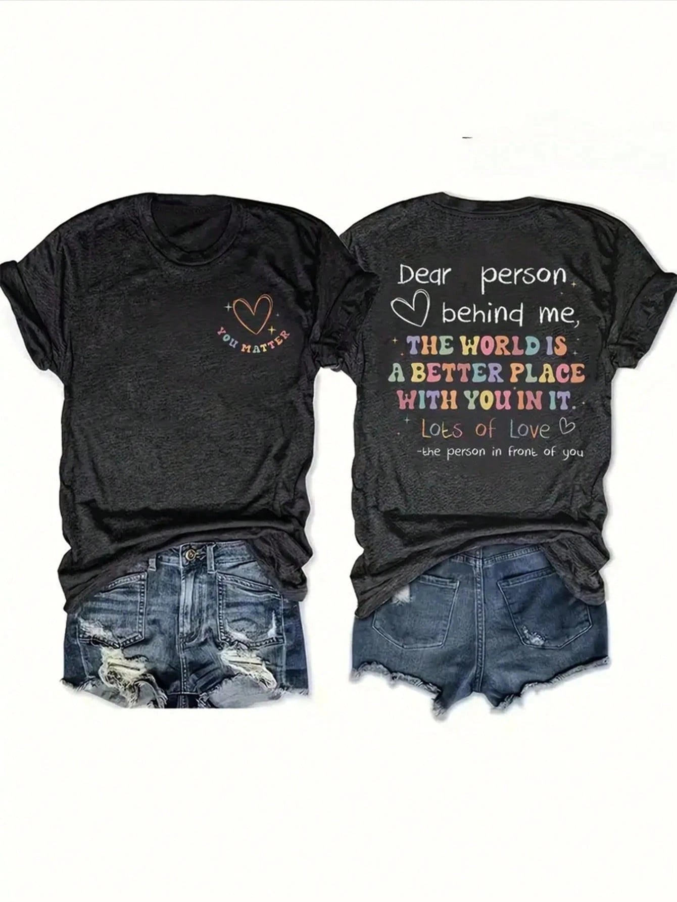 'Dear Person Behind Me' Double-Sided Print Inspirational Tee, Soft Cotton Blend Casual Top For Couples & Best Friends