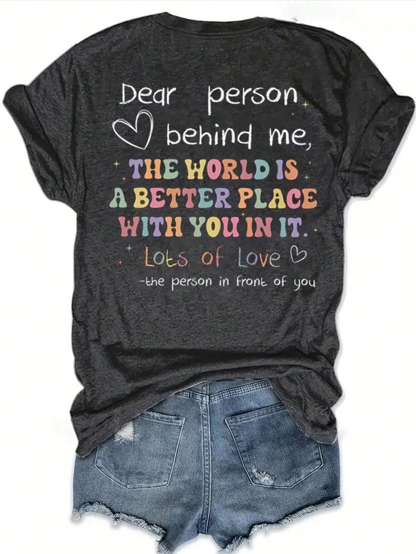 'Dear Person Behind Me' Double-Sided Print Inspirational Tee, Soft Cotton Blend Casual Top For Couples & Best Friends