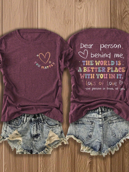 'Dear Person Behind Me' Double-Sided Print Inspirational Tee, Soft Cotton Blend Casual Top For Couples & Best Friends