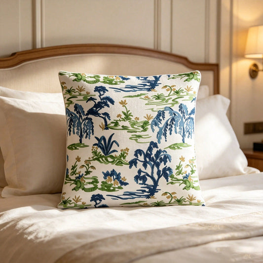 Decorative Blue- Green Throw Pillow Cover, Chinoiserie Style Accen Pillow Cover For Sofa And Bed
