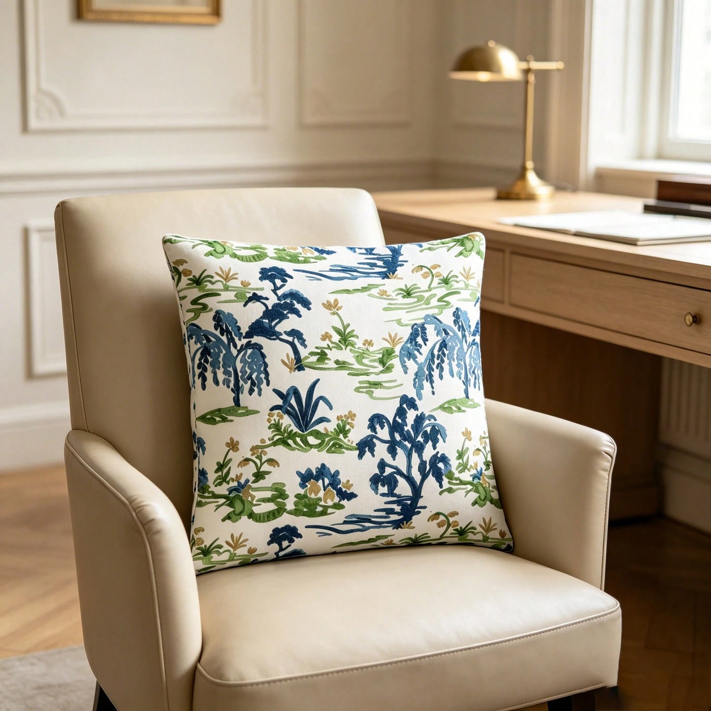 Decorative Blue- Green Throw Pillow Cover, Chinoiserie Style Accen Pillow Cover For Sofa And Bed