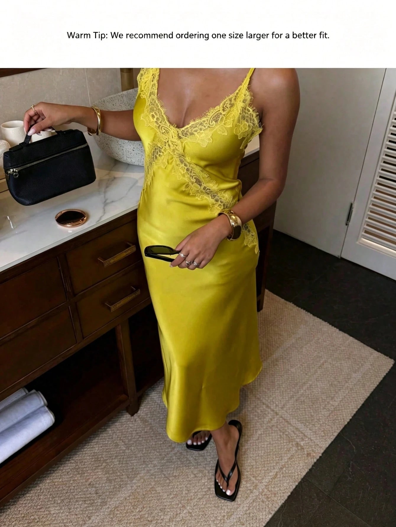 DEEKA Spring/Summer New Arrival Women's Dress, European And American Fashion Minimalist Sexy Lace & Satin Texture Midi Dress Elegant Yellow