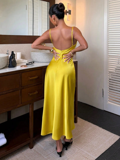 DEEKA Spring/Summer New Arrival Women's Dress, European And American Fashion Minimalist Sexy Lace & Satin Texture Midi Dress Elegant Yellow