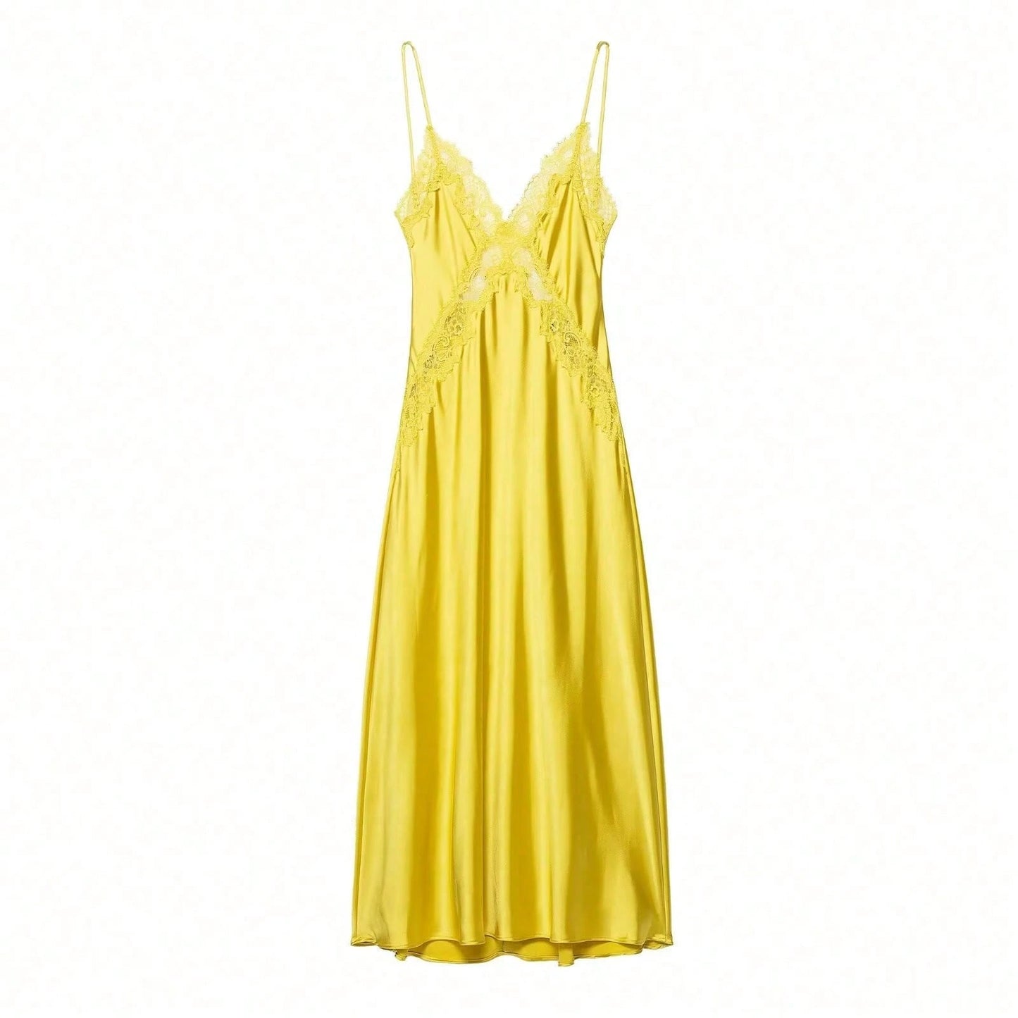 DEEKA Spring/Summer New Arrival Women's Dress, European And American Fashion Minimalist Sexy Lace & Satin Texture Midi Dress Elegant Yellow
