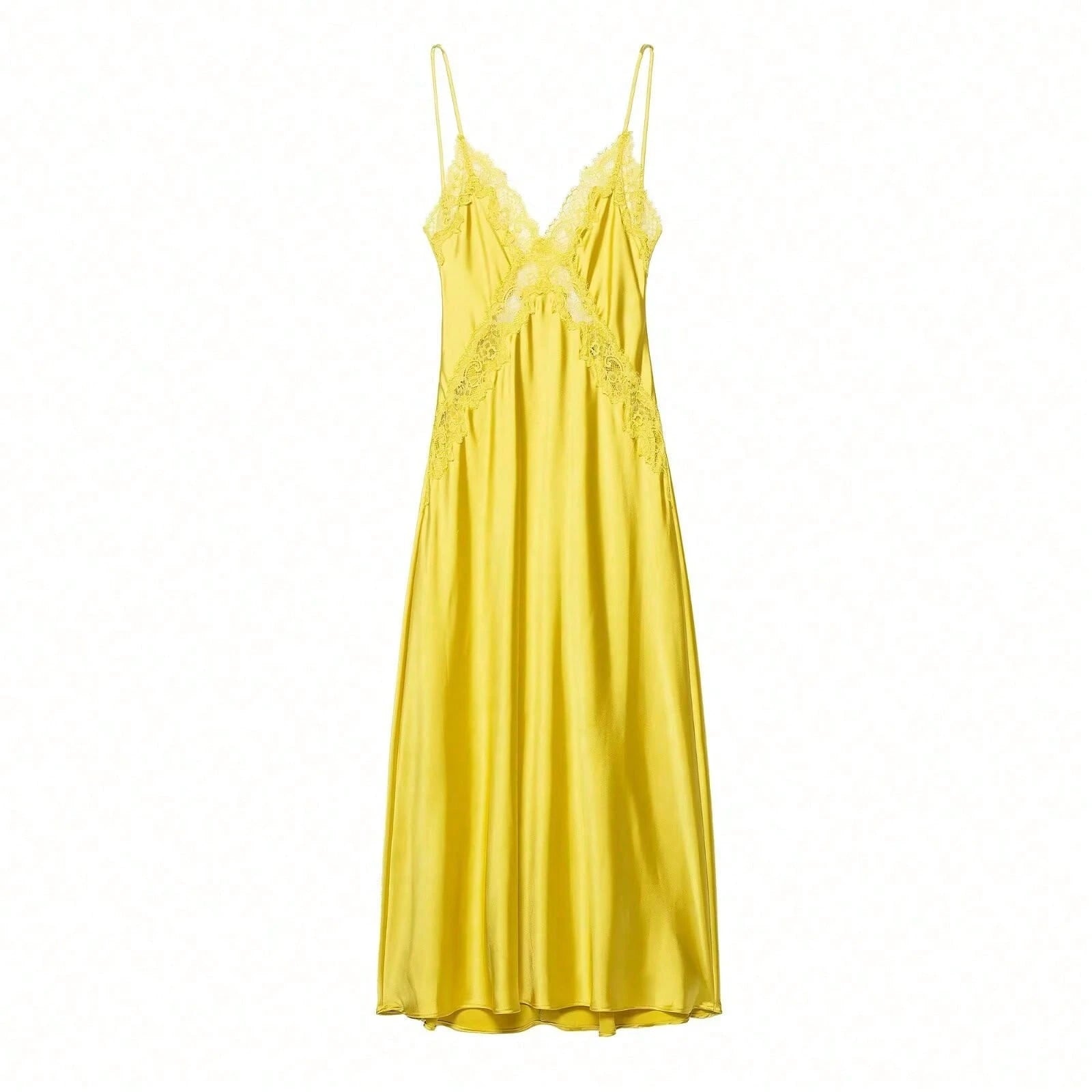 DEEKA Spring/Summer New Arrival Women's Dress, European And American Fashion Minimalist Sexy Lace & Satin Texture Midi Dress Elegant Yellow