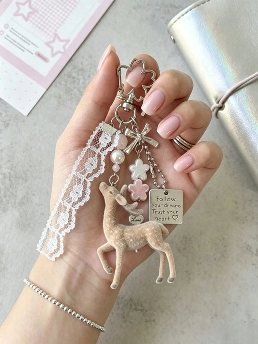 Deer Keychain Pendant, Lace Pearl Bow Bag Charm, Korean Sweet Clover Backpack Hanging Chain, Y2K Sweet Girl Style Gift