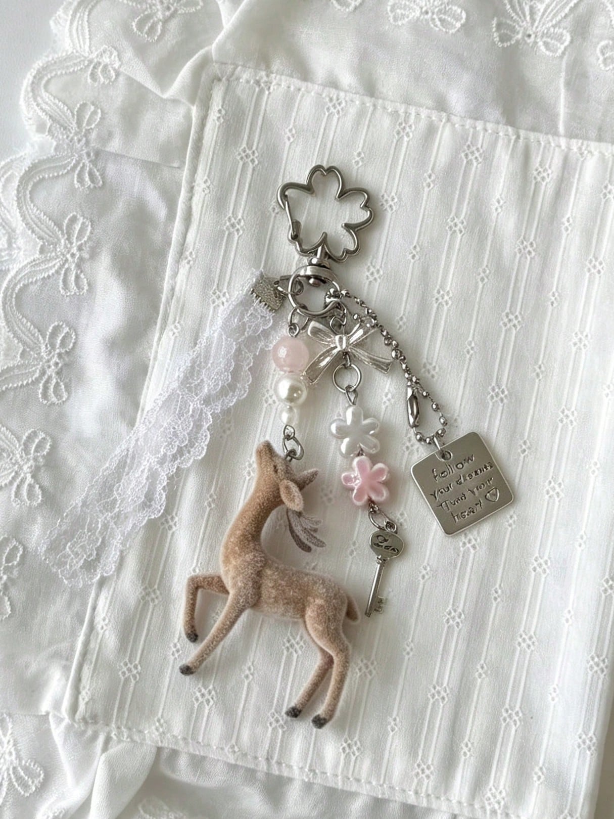 Deer Keychain Pendant, Lace Pearl Bow Bag Charm, Korean Sweet Clover Backpack Hanging Chain, Y2K Sweet Girl Style Gift