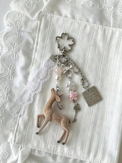 Deer Keychain Pendant, Lace Pearl Bow Bag Charm, Korean Sweet Clover Backpack Hanging Chain, Y2K Sweet Girl Style Gift