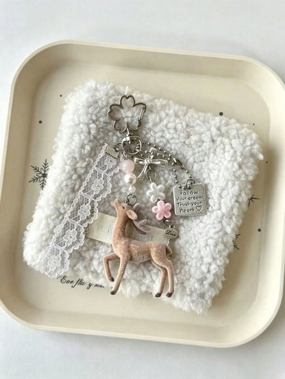 Deer Keychain Pendant, Lace Pearl Bow Bag Charm, Korean Sweet Clover Backpack Hanging Chain, Y2K Sweet Girl Style Gift