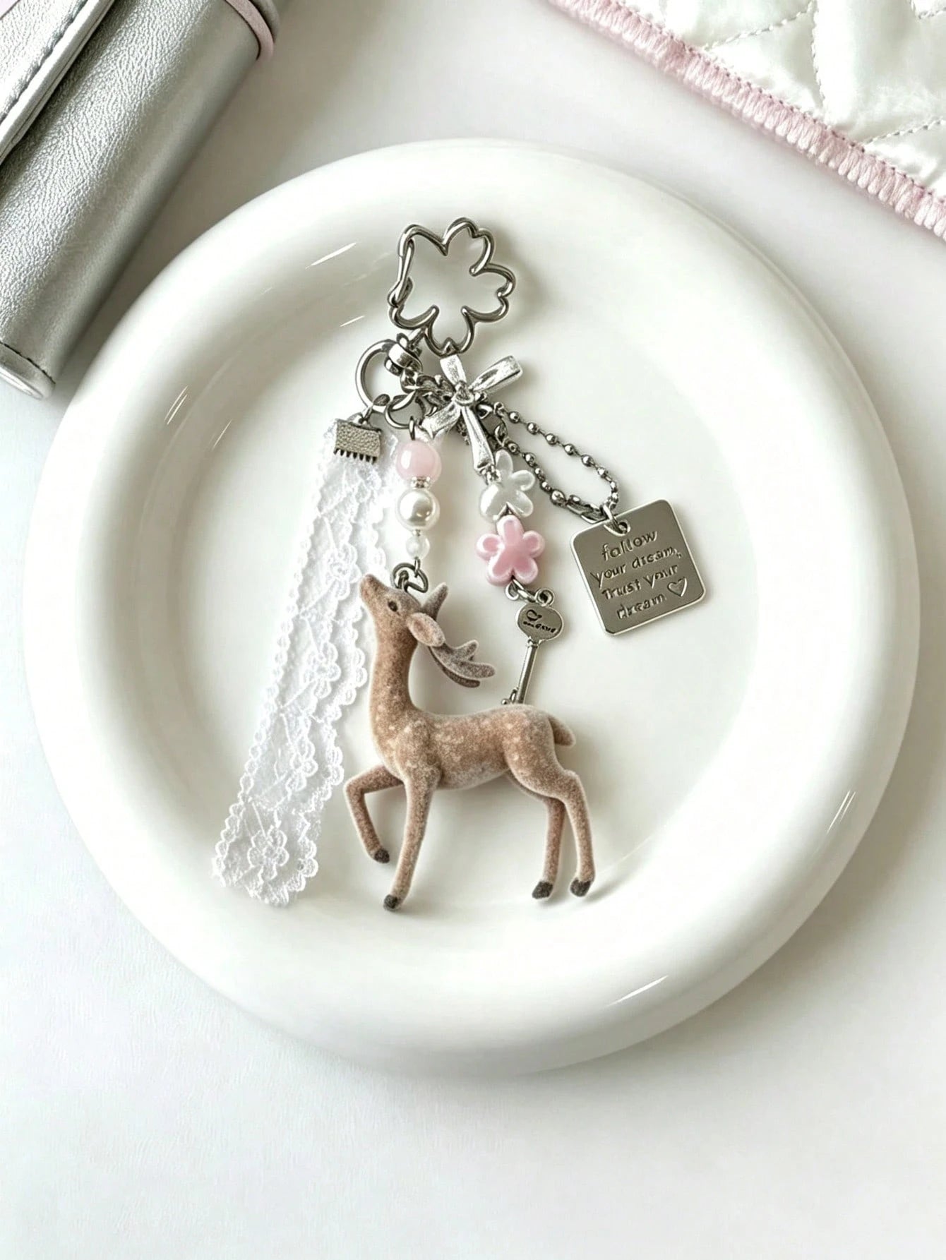 Deer Keychain Pendant, Lace Pearl Bow Bag Charm, Korean Sweet Clover Backpack Hanging Chain, Y2K Sweet Girl Style Gift