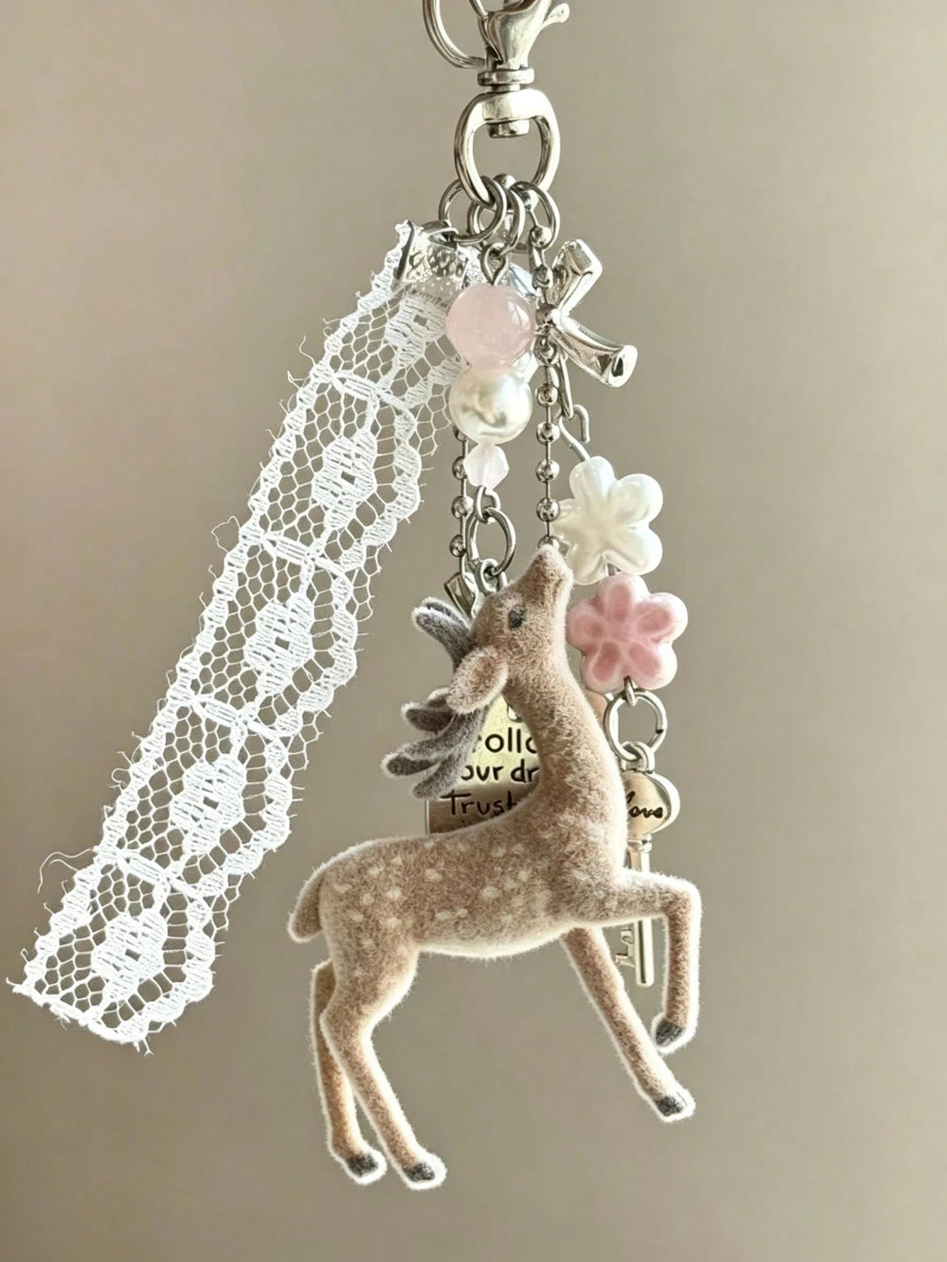 Deer Keychain Pendant, Lace Pearl Bow Bag Charm, Korean Sweet Clover Backpack Hanging Chain, Y2K Sweet Girl Style Gift