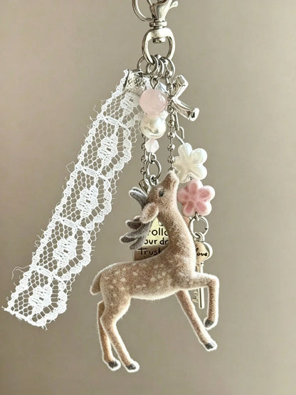 Deer Keychain Pendant, Lace Pearl Bow Bag Charm, Korean Sweet Clover Backpack Hanging Chain, Y2K Sweet Girl Style Gift