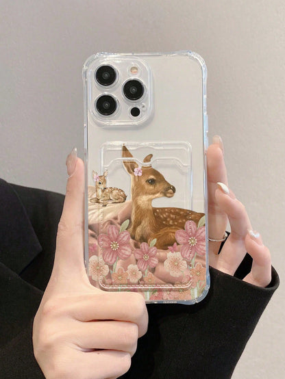 Deer Print Transparent Card Slot Phone Case