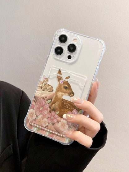 Deer Print Transparent Card Slot Phone Case
