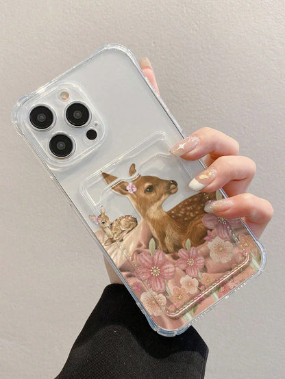 Deer Print Transparent Card Slot Phone Case