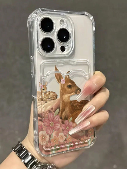 Deer Print Transparent Card Slot Phone Case