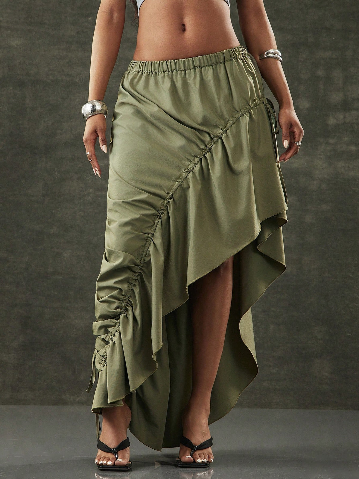 Denimoi Asymmetrical Hem Adjustable Drawstring Skirt Fashionable Streetwear