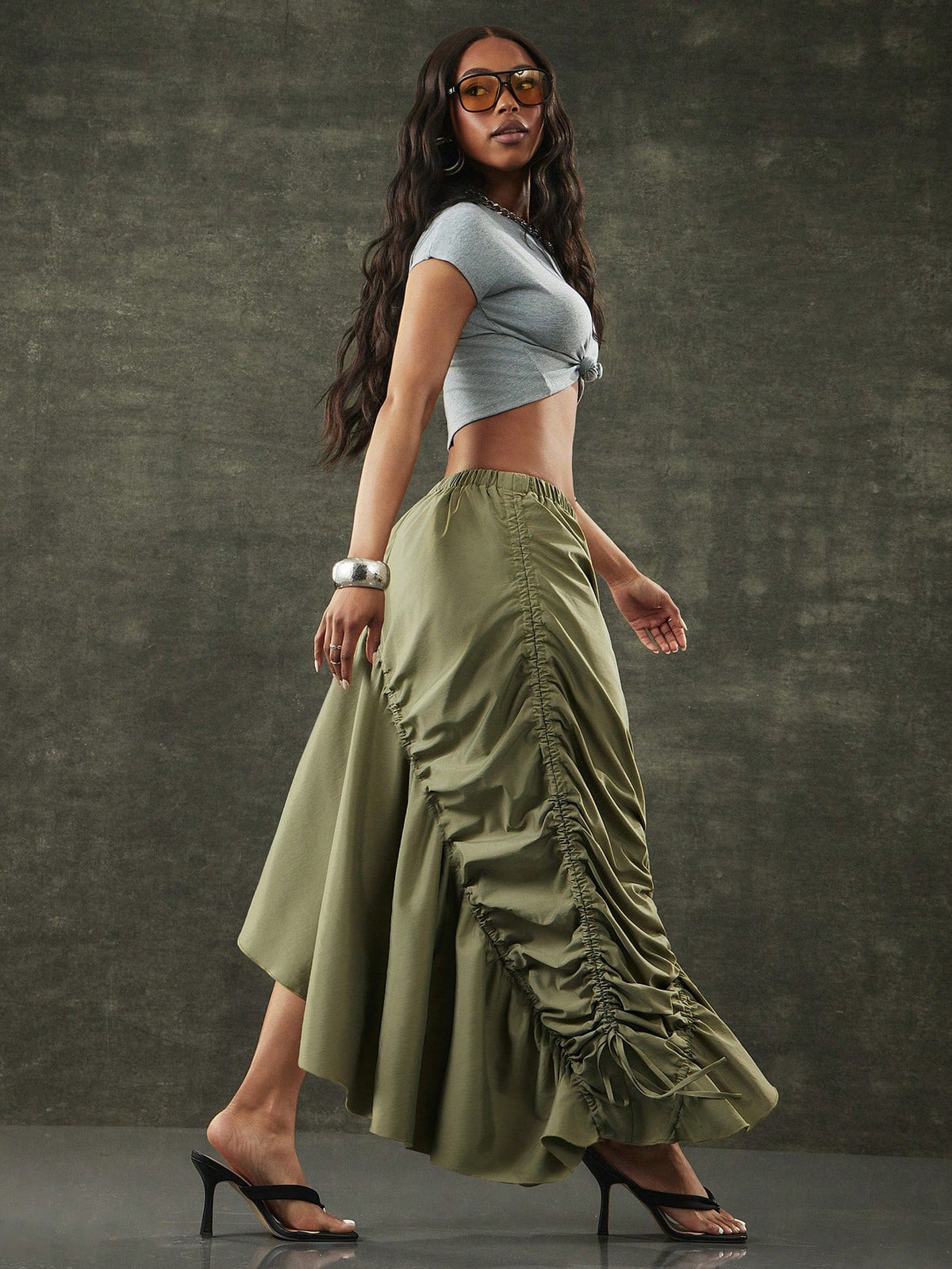 Denimoi Asymmetrical Hem Adjustable Drawstring Skirt Fashionable Streetwear
