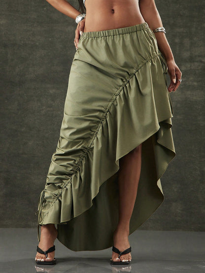 Denimoi Asymmetrical Hem Adjustable Drawstring Skirt Fashionable Streetwear