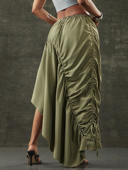 Denimoi Asymmetrical Hem Adjustable Drawstring Skirt Fashionable Streetwear