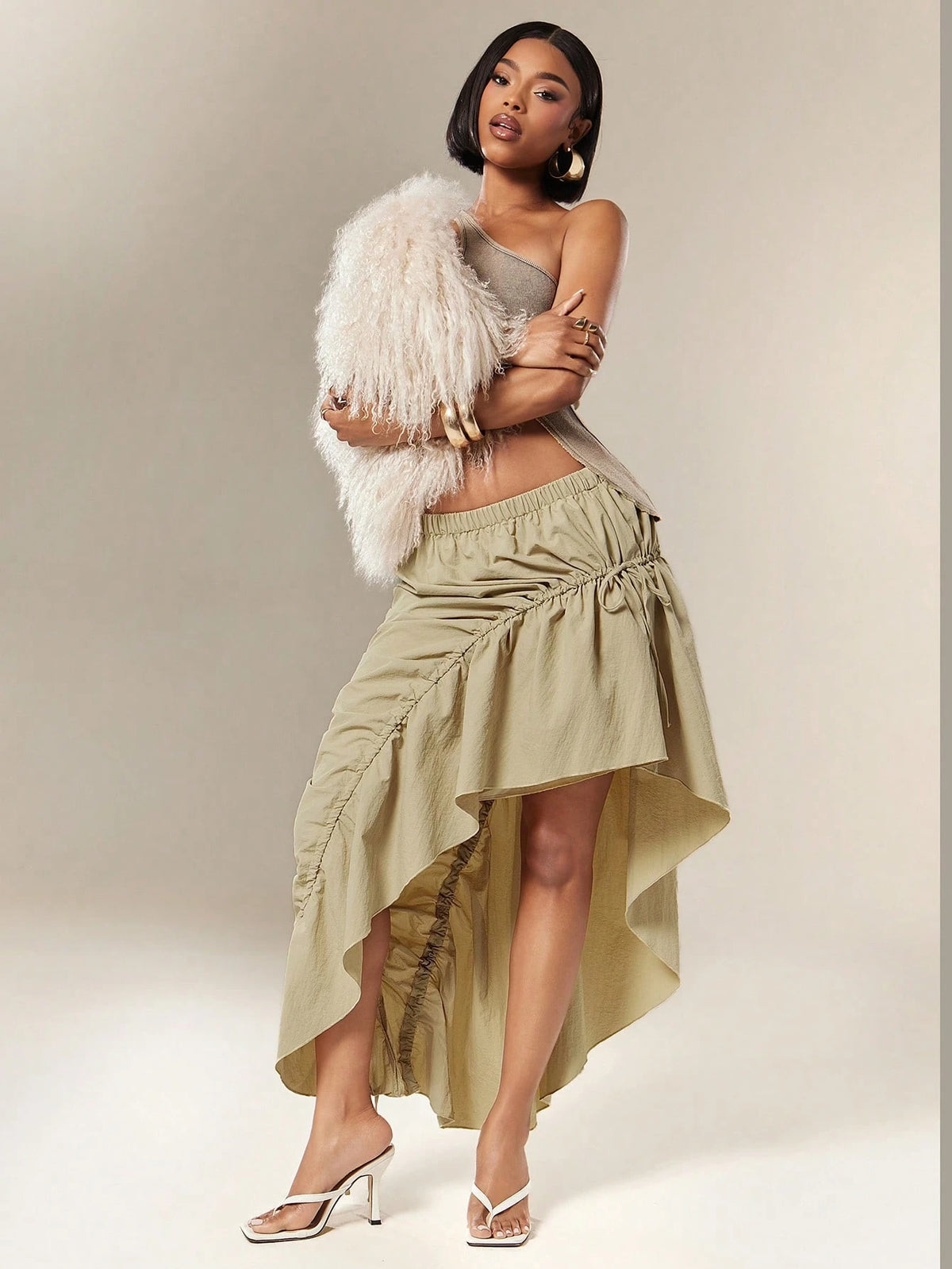 Denimoi Asymmetrical Hem Adjustable Drawstring Skirt Fashionable Streetwear
