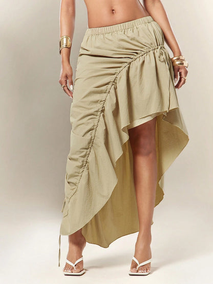 Denimoi Asymmetrical Hem Adjustable Drawstring Skirt Fashionable Streetwear
