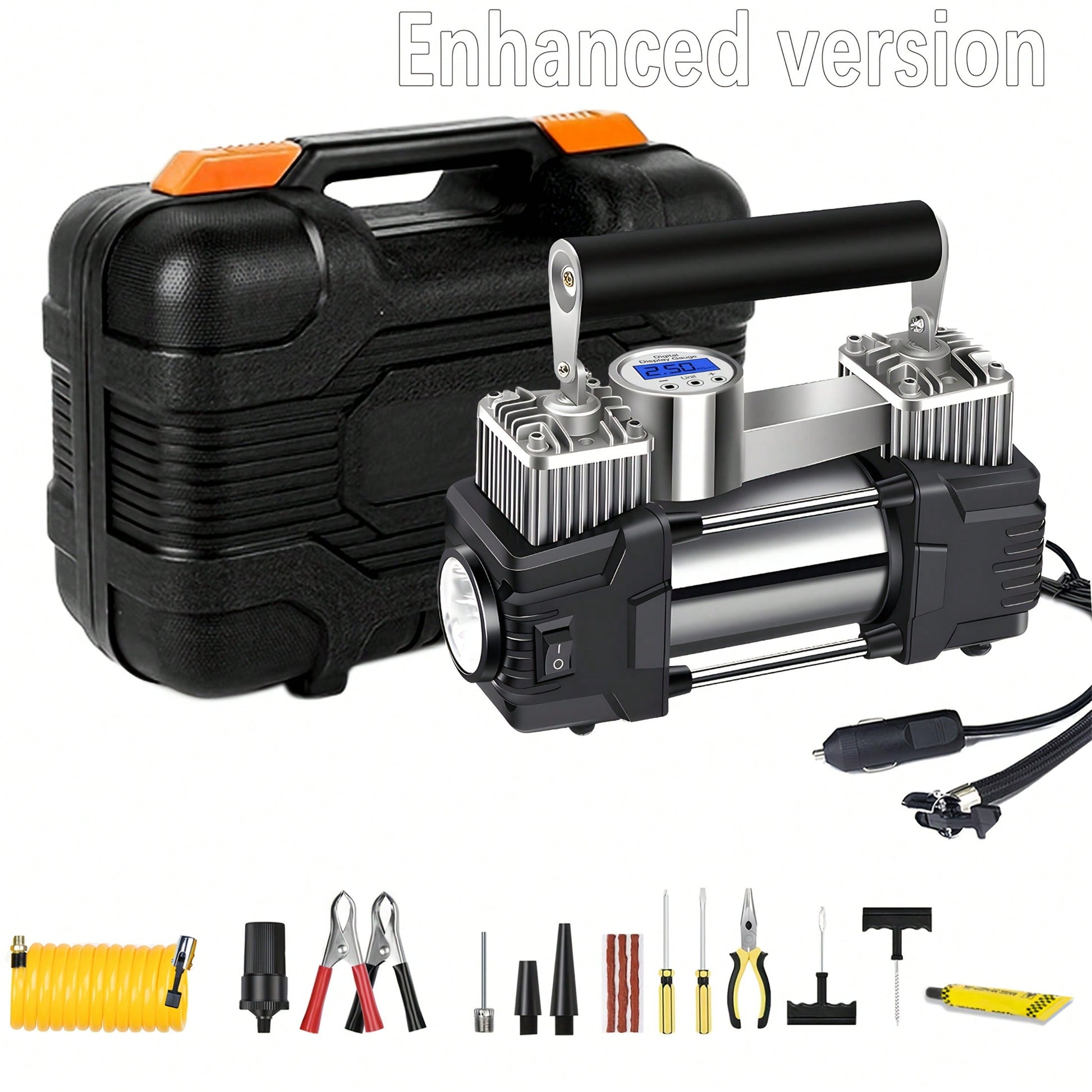 Digital Display Type Car Tire Inflation Pump, Tool Kit Equipped With Tire Repair Kit, Air Compressor, Auto Stop Function, With LED Light, 12V, 150 PSI, No Battery Required