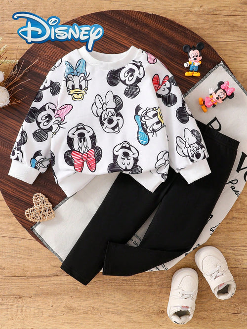 Disney Autumn/Winter Baby Girl Newborn Mickey Mouse Cute Long Sleeve Sweatshirt And Long Pants Set With Mickey Minnie Donald Duck Family Love Cartoon Pattern, Slightly Elastic, Suitable For Baby Newbo