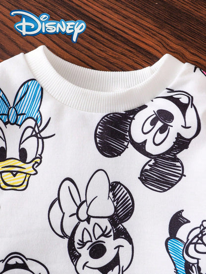 Disney Autumn/Winter Baby Girl Newborn Mickey Mouse Cute Long Sleeve Sweatshirt And Long Pants Set With Mickey Minnie Donald Duck Family Love Cartoon Pattern, Slightly Elastic, Suitable For Baby Newbo