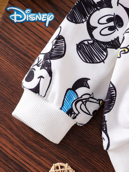 Disney Autumn/Winter Baby Girl Newborn Mickey Mouse Cute Long Sleeve Sweatshirt And Long Pants Set With Mickey Minnie Donald Duck Family Love Cartoon Pattern, Slightly Elastic, Suitable For Baby Newbo
