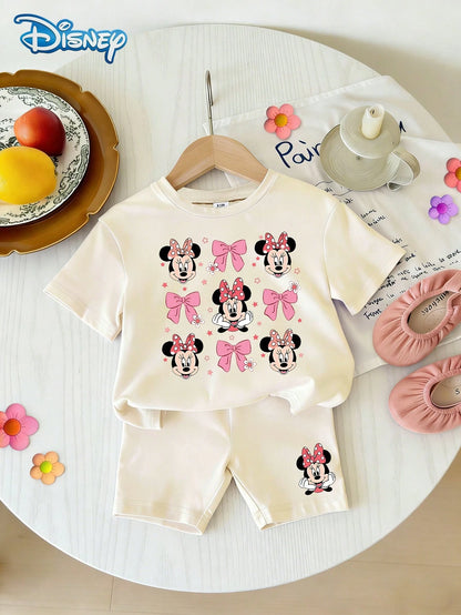 Disney Baby Girls' Minnie Mouse Bow Print Round Neck Short Sleeve T-Shirt + White Shorts Set Casual Outfit For Girls Under 3 Years Old Coquette Clothing