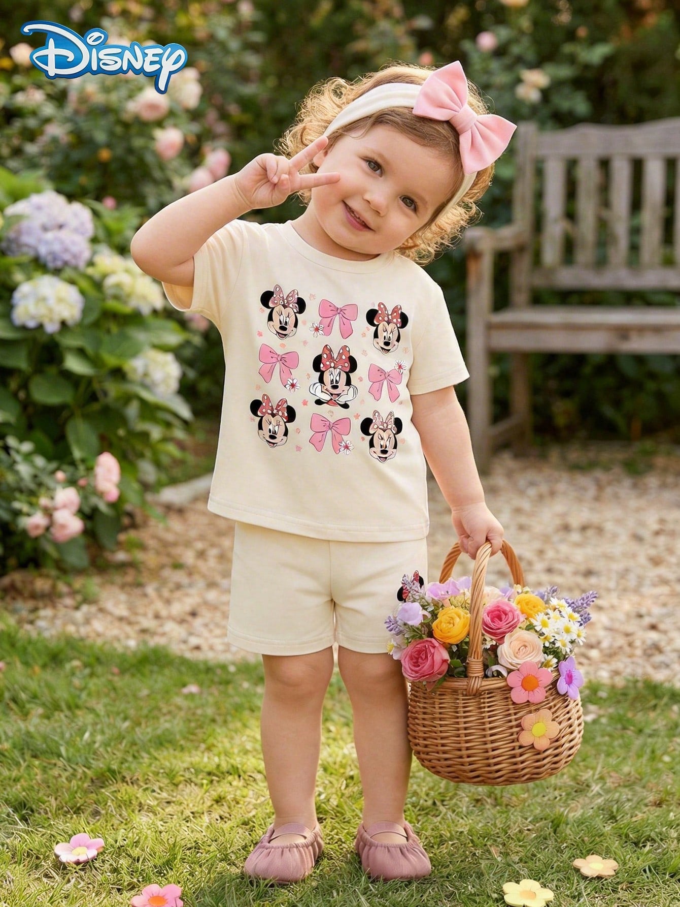 Disney Baby Girls' Minnie Mouse Bow Print Round Neck Short Sleeve T-Shirt + White Shorts Set Casual Outfit For Girls Under 3 Years Old Coquette Clothing
