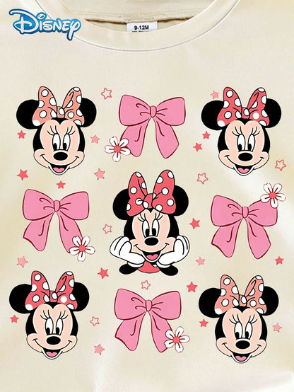 Disney Baby Girls' Minnie Mouse Bow Print Round Neck Short Sleeve T-Shirt + White Shorts Set Casual Outfit For Girls Under 3 Years Old Coquette Clothing