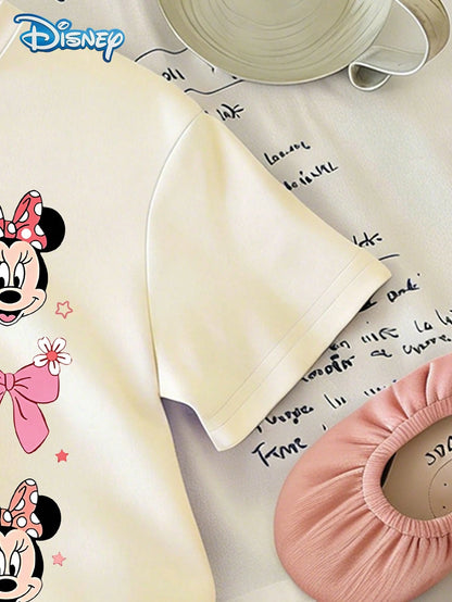 Disney Baby Girls' Minnie Mouse Bow Print Round Neck Short Sleeve T-Shirt + White Shorts Set Casual Outfit For Girls Under 3 Years Old Coquette Clothing