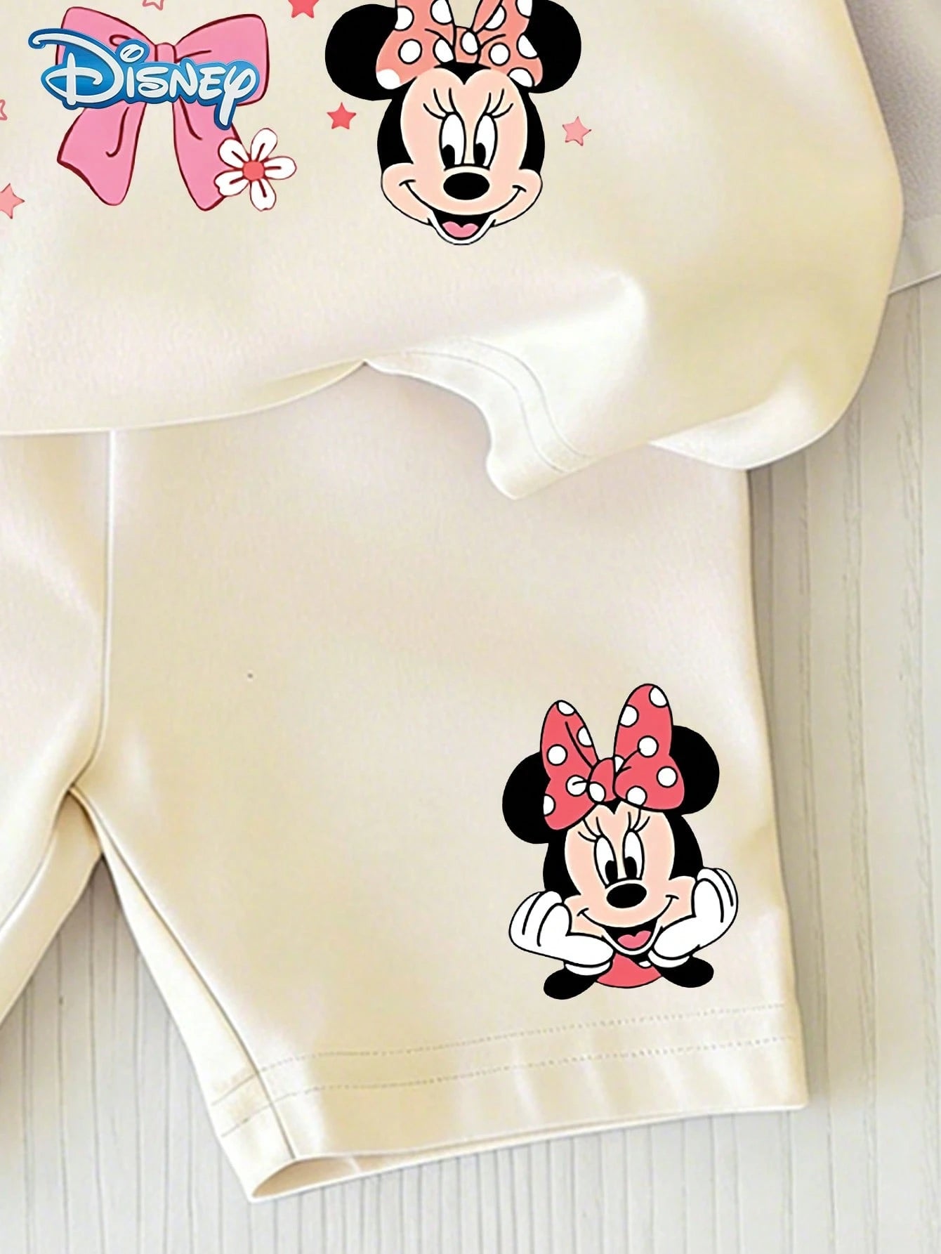 Disney Baby Girls' Minnie Mouse Bow Print Round Neck Short Sleeve T-Shirt + White Shorts Set Casual Outfit For Girls Under 3 Years Old Coquette Clothing