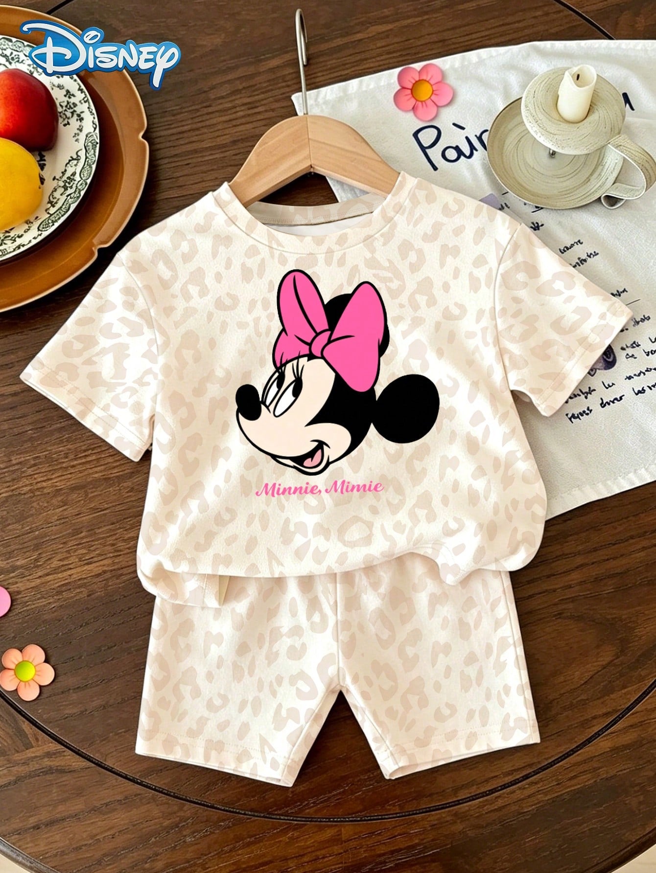 Disney Baby Girls' Minnie Mouse Print Short Sleeve T-Shirt And Leopard Print Shorts Set