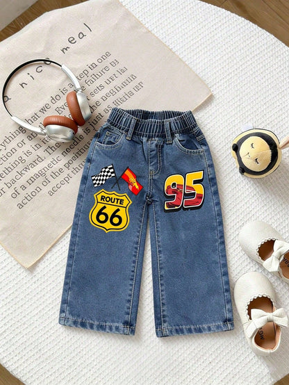 Disney Cars Toddler Boys 2Pcs Outfit, Lightning McQueen Heat Transfer Print Tee & Denim Pants, Summer Casual Daily Clothes For Little Boys