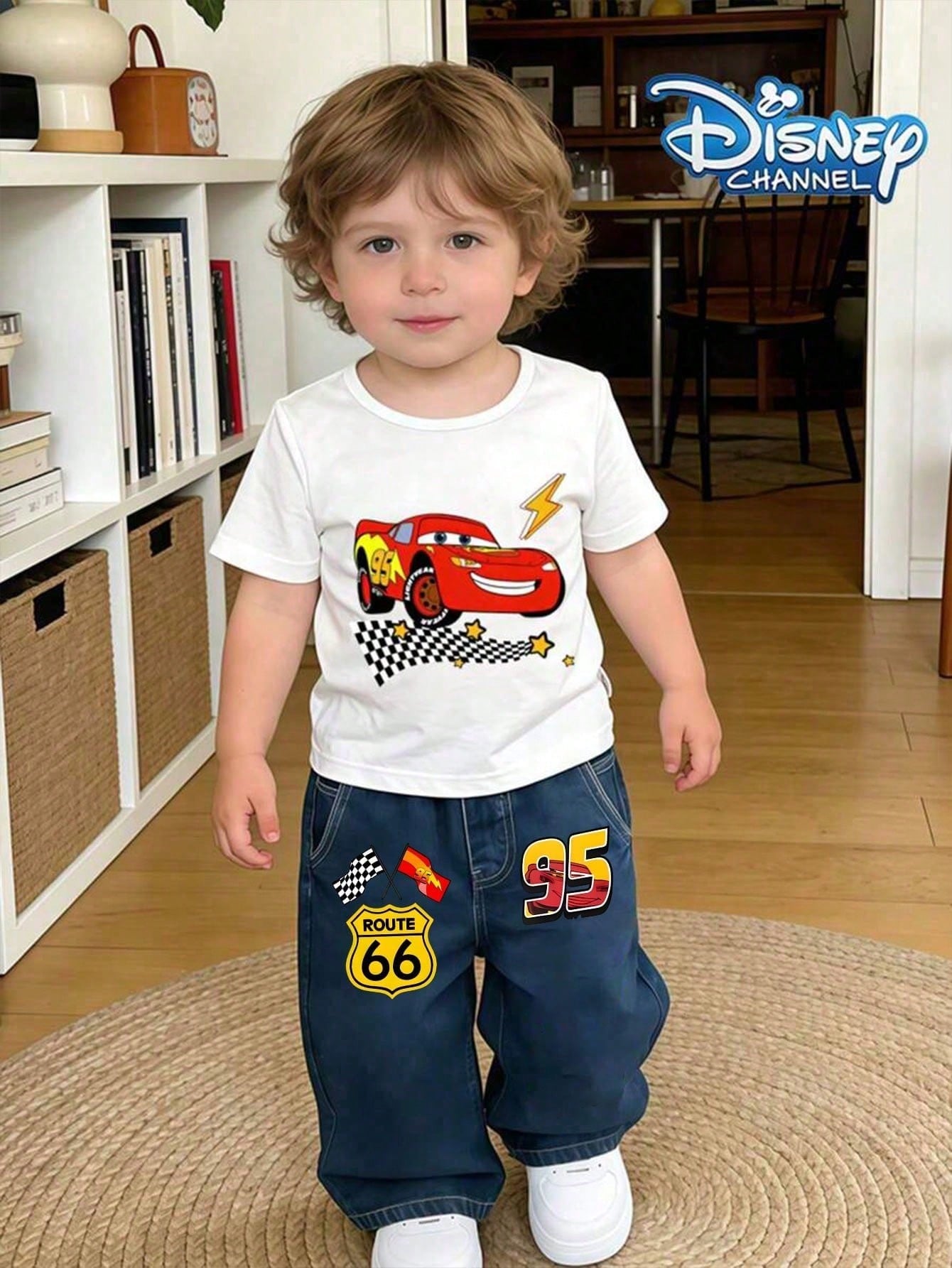 Disney Cars Toddler Boys 2Pcs Outfit, Lightning McQueen Heat Transfer Print Tee & Denim Pants, Summer Casual Daily Clothes For Little Boys