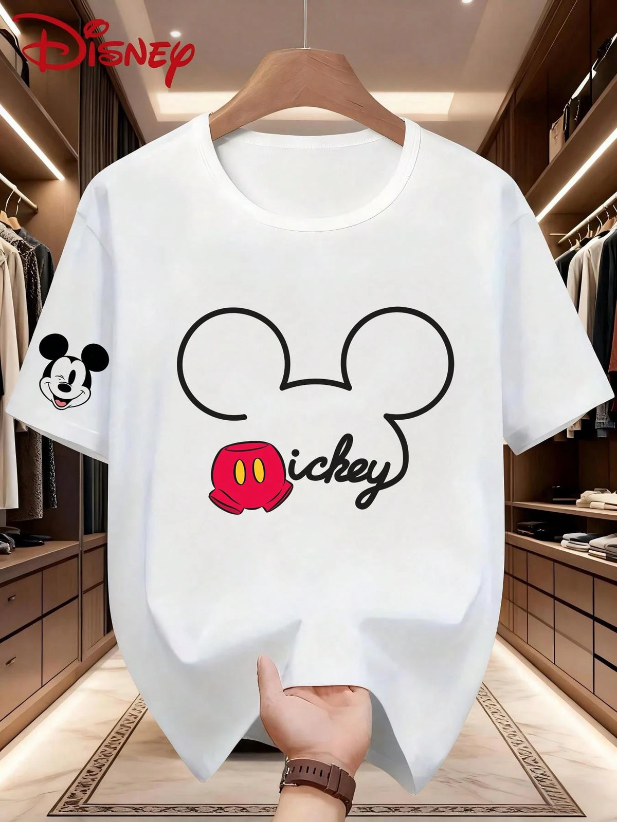 Disney New Mickey Mouse Print, Men's Crew Neck Fashion Casual Short Sleeve T-Shirt, Slightly Elastic, Non-Transparent, Easy-Care Material, Suitable For Outdoor Sports And Daily Wear