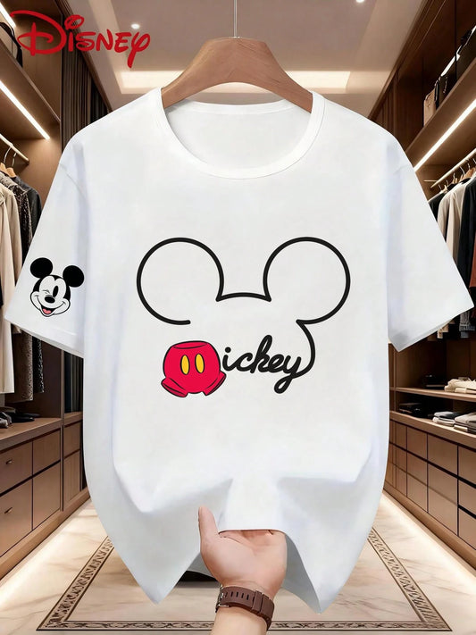 Disney New Mickey Mouse Print, Men's Crew Neck Fashion Casual Short Sleeve T-Shirt, Slightly Elastic, Non-Transparent, Easy-Care Material, Suitable For Outdoor Sports And Daily Wear