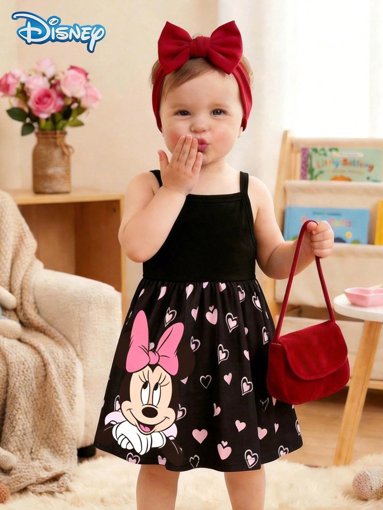 Disney Summer Baby Girls Minnie Mouse Colorblock Heart Print Cute Sleeveless Strap Dress, Children Casual Black Heart All-Over Print Beach Holiday Versatile Dress