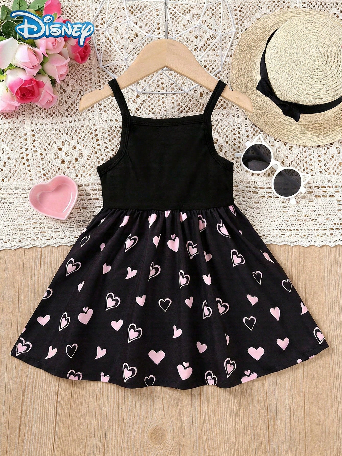 Disney Summer Baby Girls Minnie Mouse Colorblock Heart Print Cute Sleeveless Strap Dress, Children Casual Black Heart All-Over Print Beach Holiday Versatile Dress