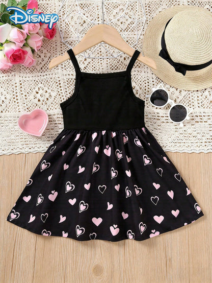 Disney Summer Baby Girls Minnie Mouse Colorblock Heart Print Cute Sleeveless Strap Dress, Children Casual Black Heart All-Over Print Beach Holiday Versatile Dress