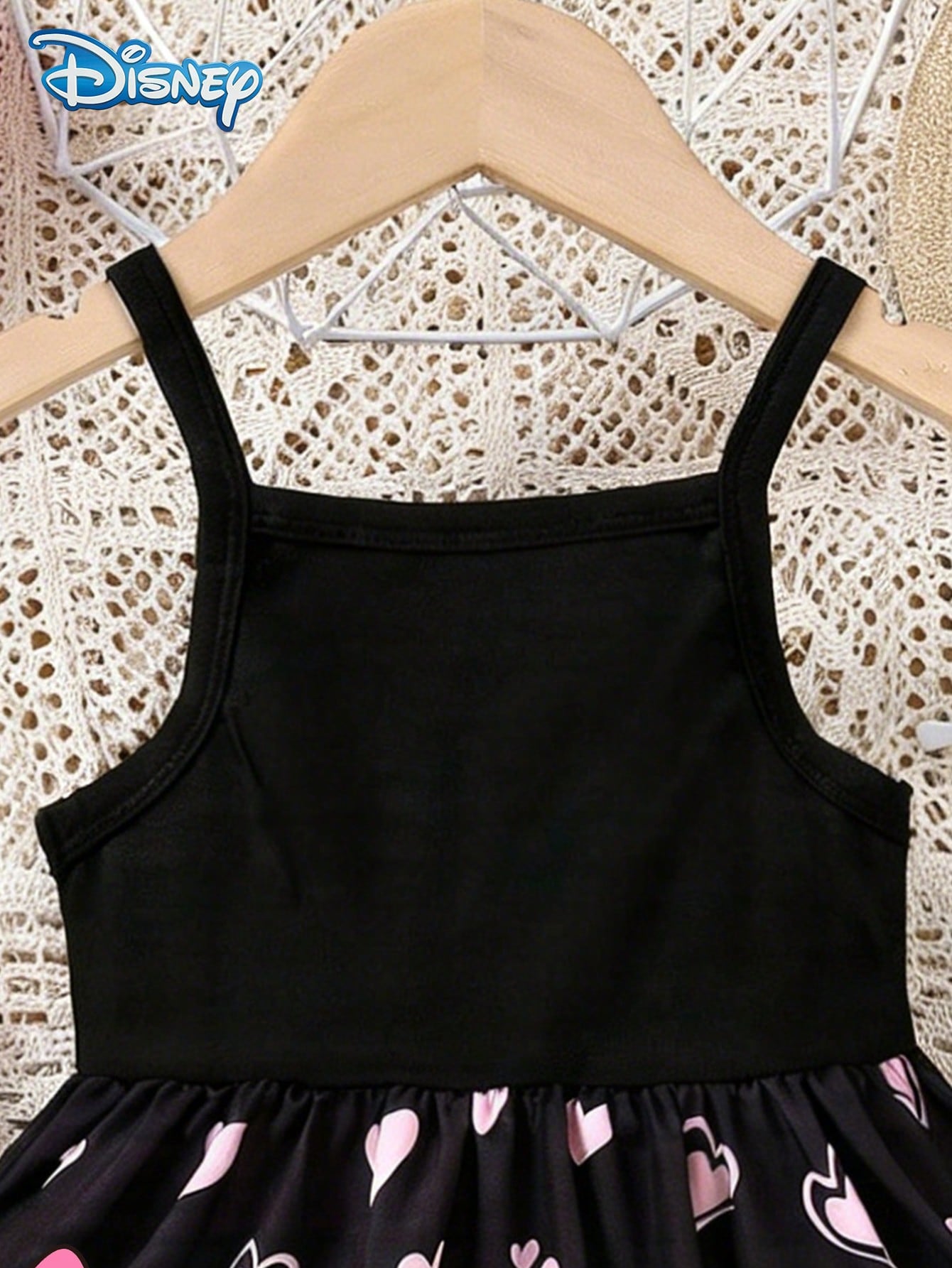 Disney Summer Baby Girls Minnie Mouse Colorblock Heart Print Cute Sleeveless Strap Dress, Children Casual Black Heart All-Over Print Beach Holiday Versatile Dress