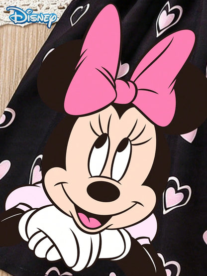 Disney Summer Baby Girls Minnie Mouse Colorblock Heart Print Cute Sleeveless Strap Dress, Children Casual Black Heart All-Over Print Beach Holiday Versatile Dress