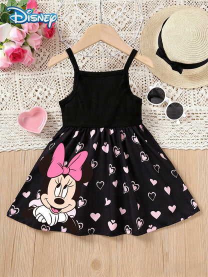 Disney Summer Baby Girls Minnie Mouse Colorblock Heart Print Cute Sleeveless Strap Dress, Children Casual Black Heart All-Over Print Beach Holiday Versatile Dress