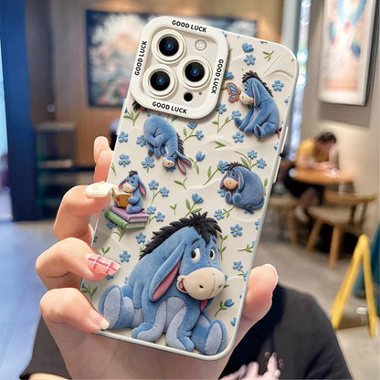 Disney Winnie The Pooh Phone Case, Cute Multi-Pose Eeyore Character Print With Blue Flower, Butterfly & Stacked Book Decor, Off-White Soft Background And "GOOD LUCK" Text On Camera Border, Shockproof